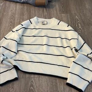 Cropped Crewneck Sweater in White with Black Stripes